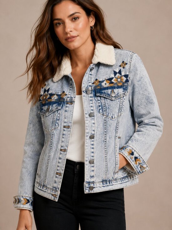 DRIFTWOOD Jackets & Blazers - Driftwood Embroidered Denim Jacket Sherpa Collar Western Aztec Acid Wash Trucker